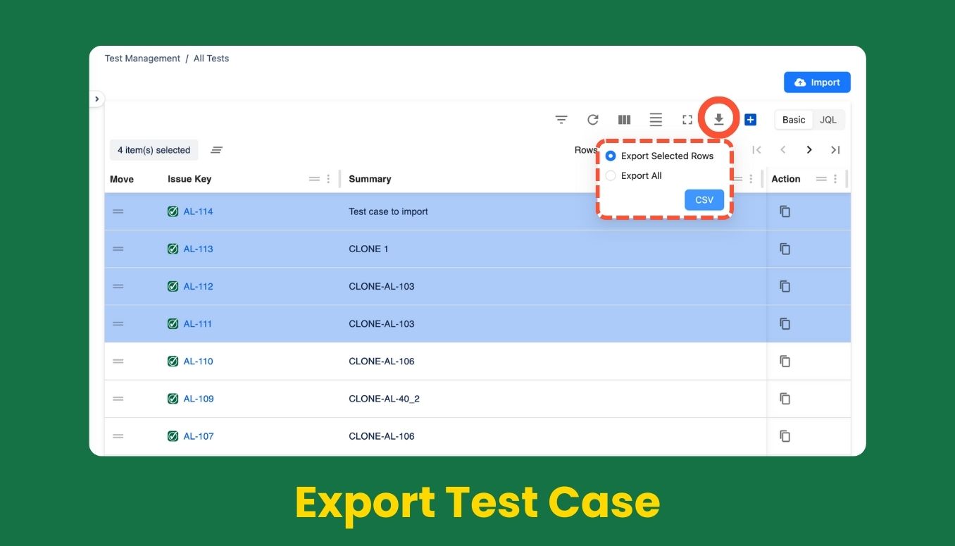 Export Test Cases