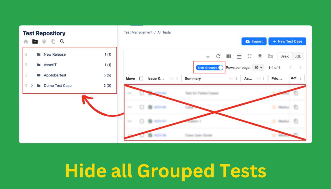 Hide all grouped test cases button