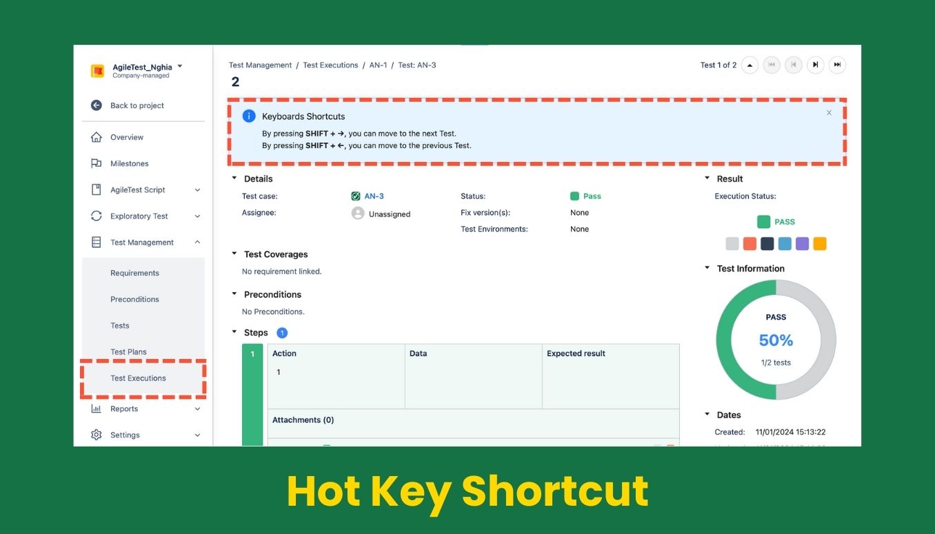 Hot Key shortcut to Test Run test execution