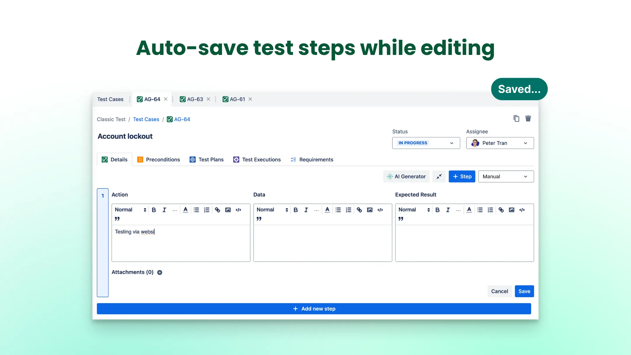 Explore AgileTest test case management: Auto-save test steps while editing
