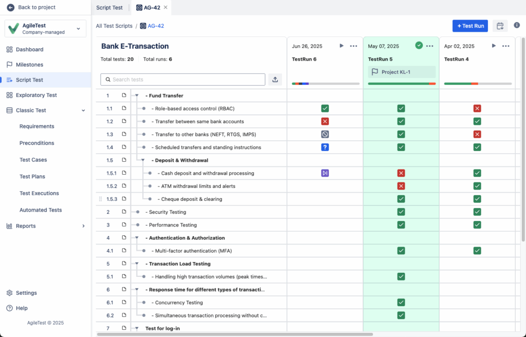AgileTest's Script Test view, showing a 'Bank E-Transaction' test suite with various test cases and their execution results across multiple test runs, highlighting AgileTest's detailed test management capabilities when considering agiletest vs zephyr.