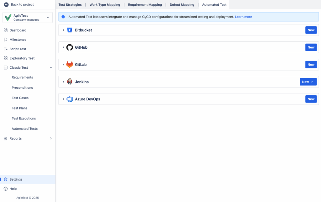 AgileTest's Automated Test settings, displaying options to integrate with Bitbucket, GitHub, GitLab, Jenkins, and Azure DevOps for CI/CD pipelines, showcasing a key feature in the agiletest vs zephyr comparison.