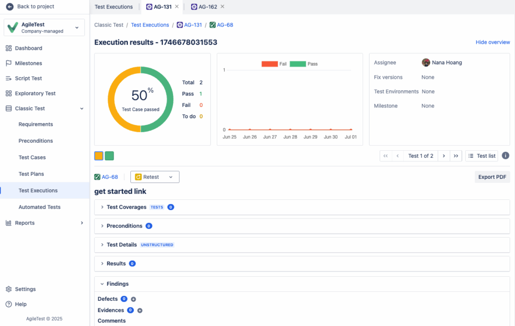 AgileTest's Test Executions detail view, displaying a 50% test case passed rate for a specific execution, with breakdowns of passed, failed, and 'To Do' tests, providing insight into AgileTest's reporting that is relevant for an agiletest vs zephyr comparison.