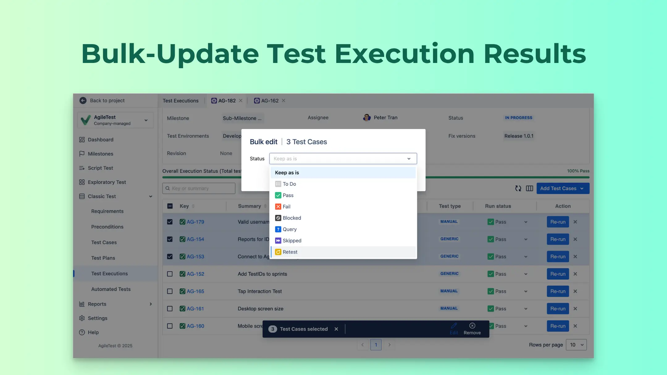 AgileTest newest release: bulk update test execution results
