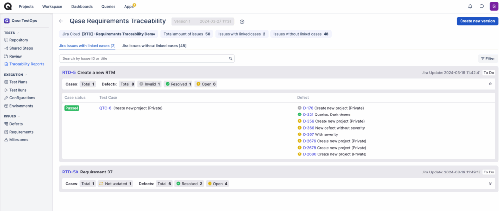 Qase Requirements Traceability