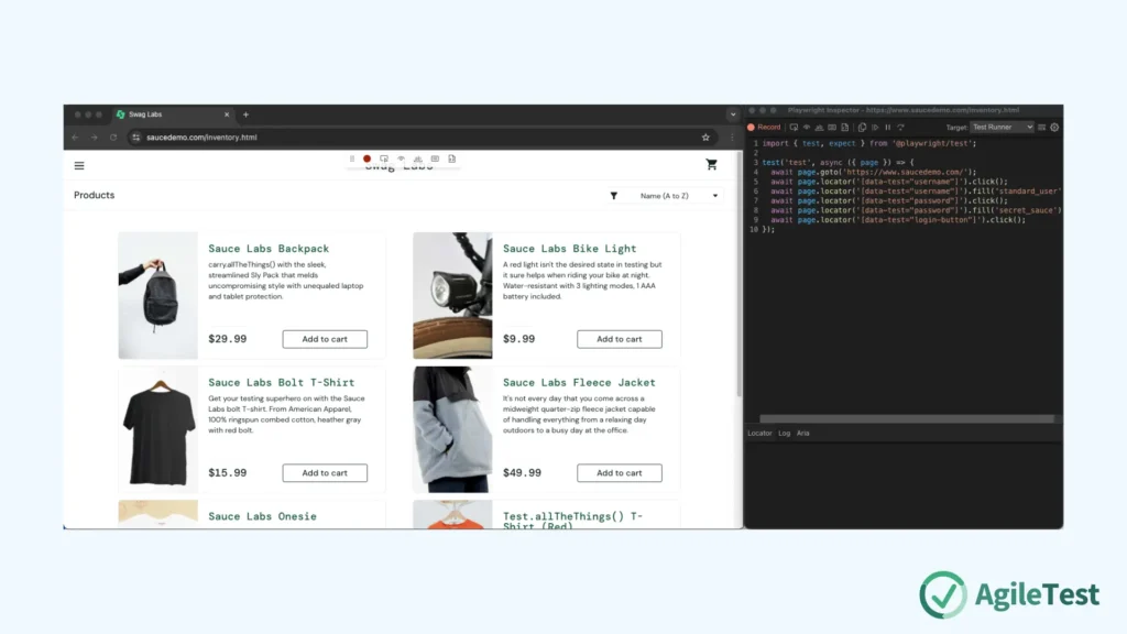 Test script is generated in Playwright Inspector on the right