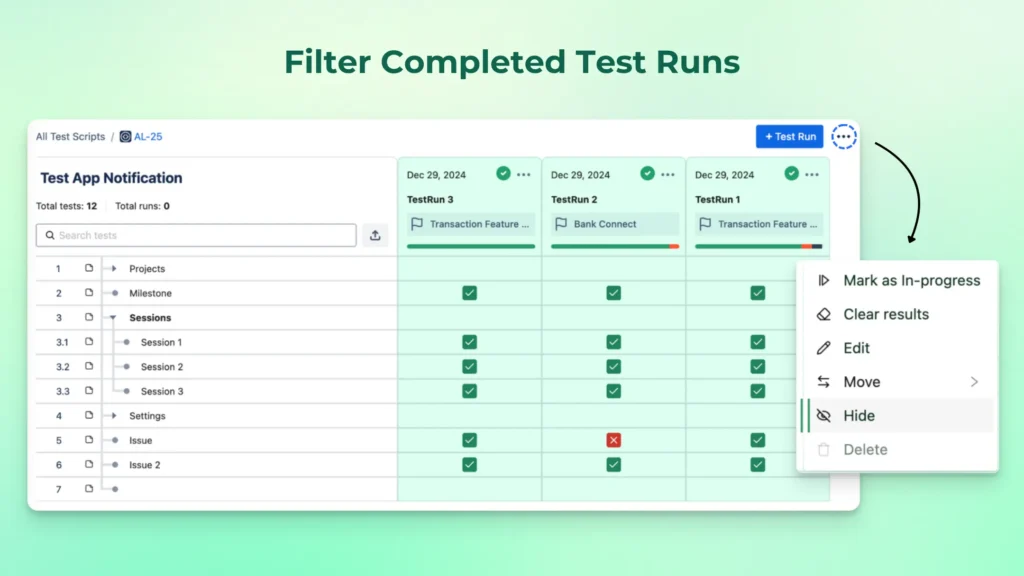 Hide completed test run