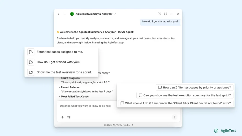 AgileTest Summary & Analyzer - initial prompts and follow-up questions