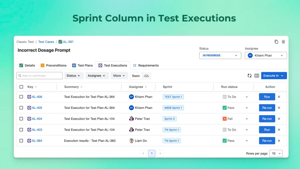 Display sprints in test executions