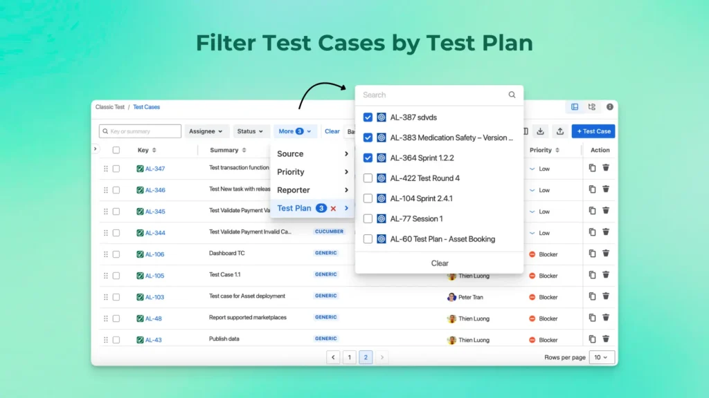 Filter test cases by test plan