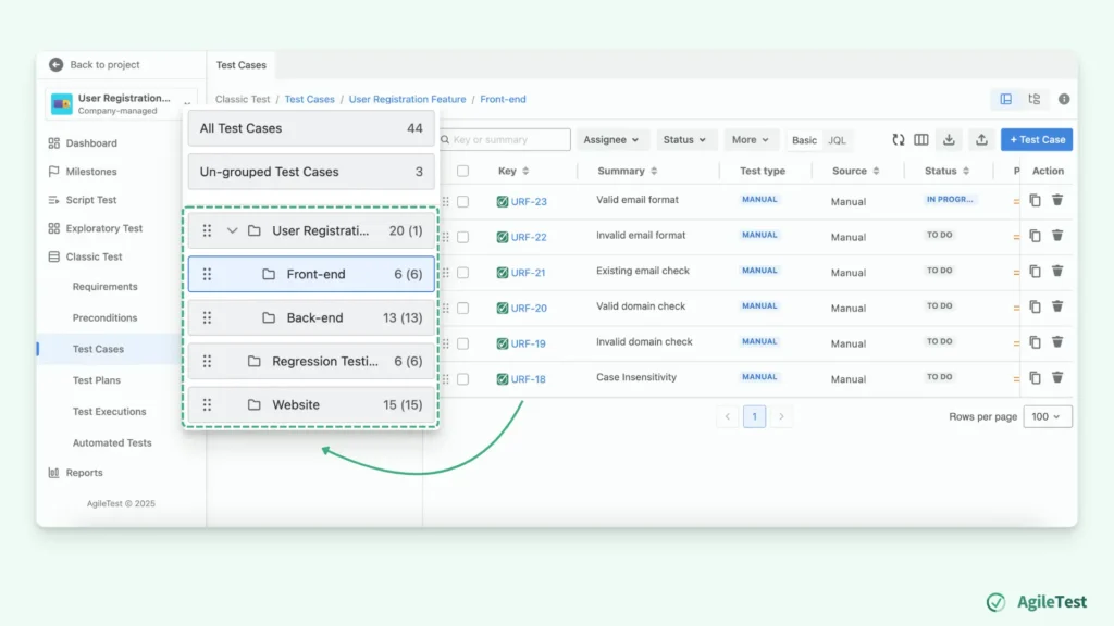 Test Folders in AgileTest - Atlassian Test Case Management