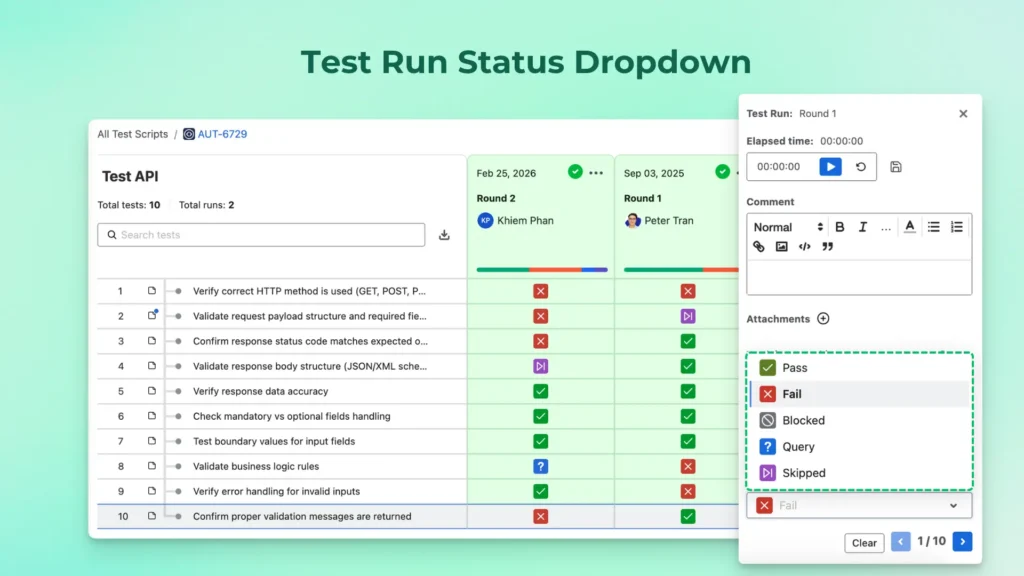 Test Run Status Dropdown