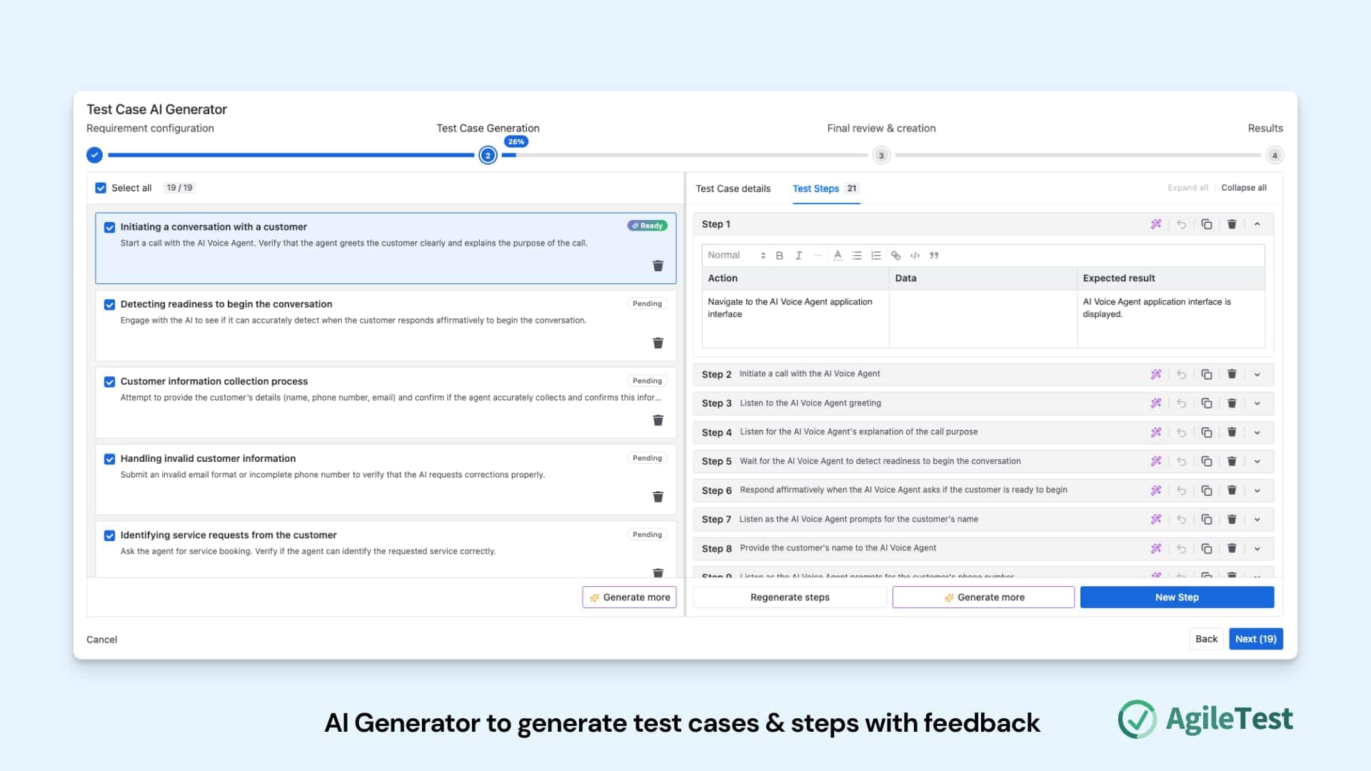 AgileTest Generator to generate test cases, generate test steps with feedback